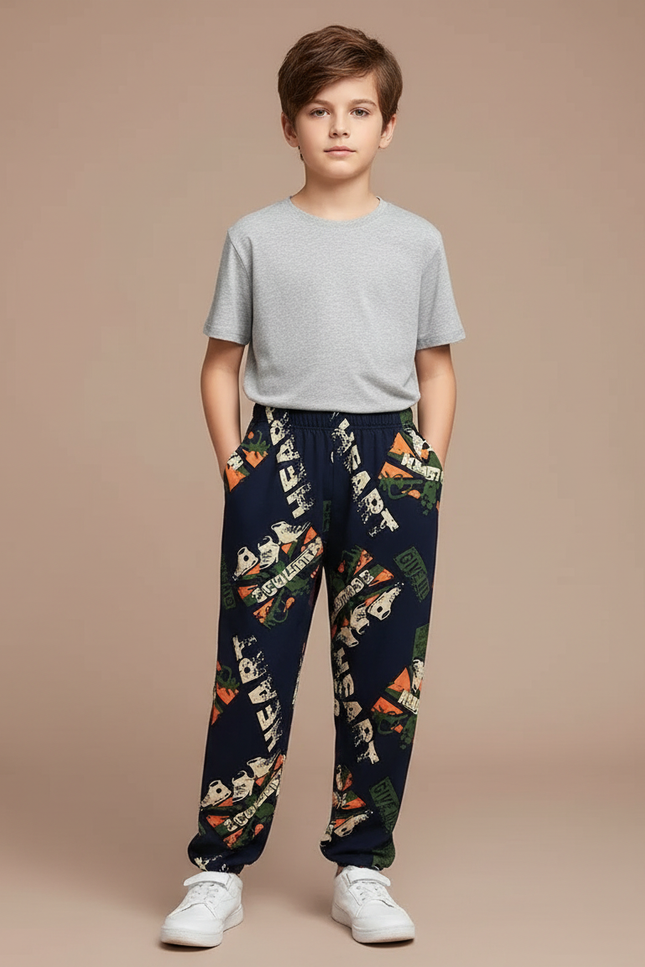 Pantalon Fluide Bleu Marine Imprimé Graphique Décontracté Garçon - Polyester