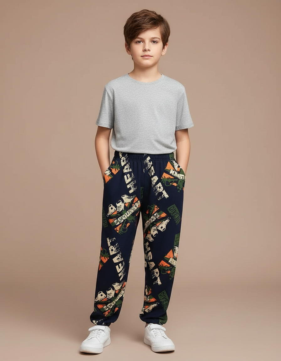 Pantalon Fluide Bleu Marine Imprimé Graphique Décontracté Garçon - Polyester