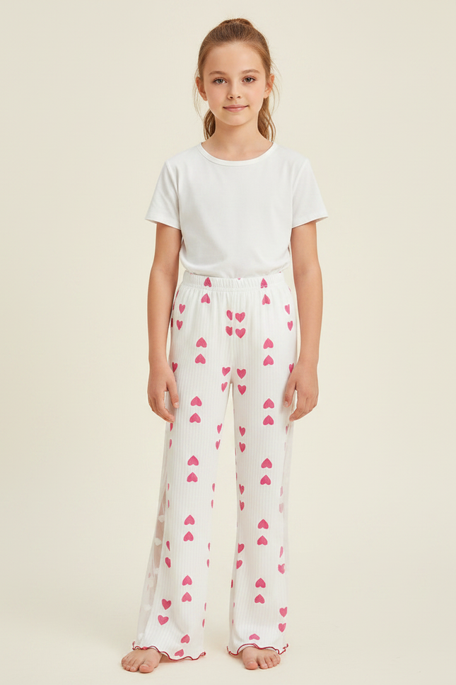 Pantalon Fluide Blanc Cœur Maille Ample Fille