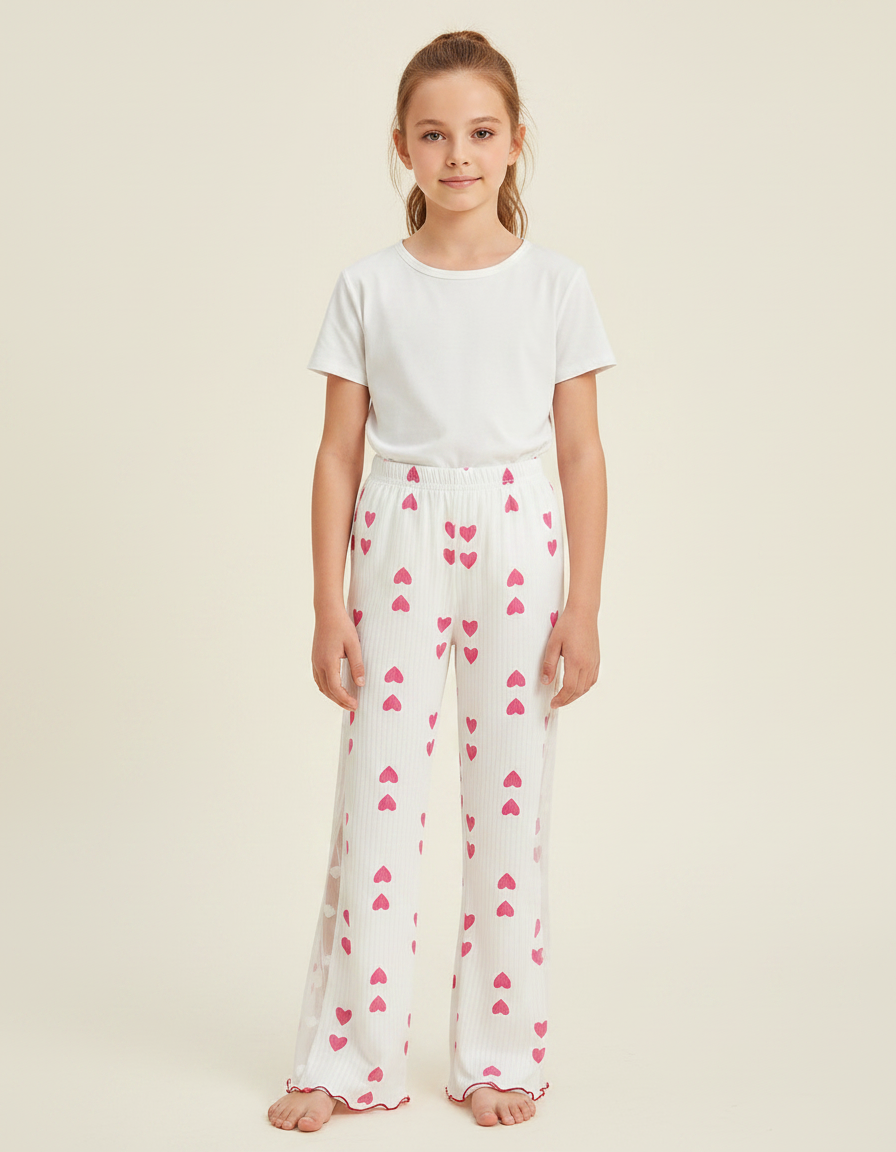 Pantalon Fluide Blanc Cœur Maille Ample Fille