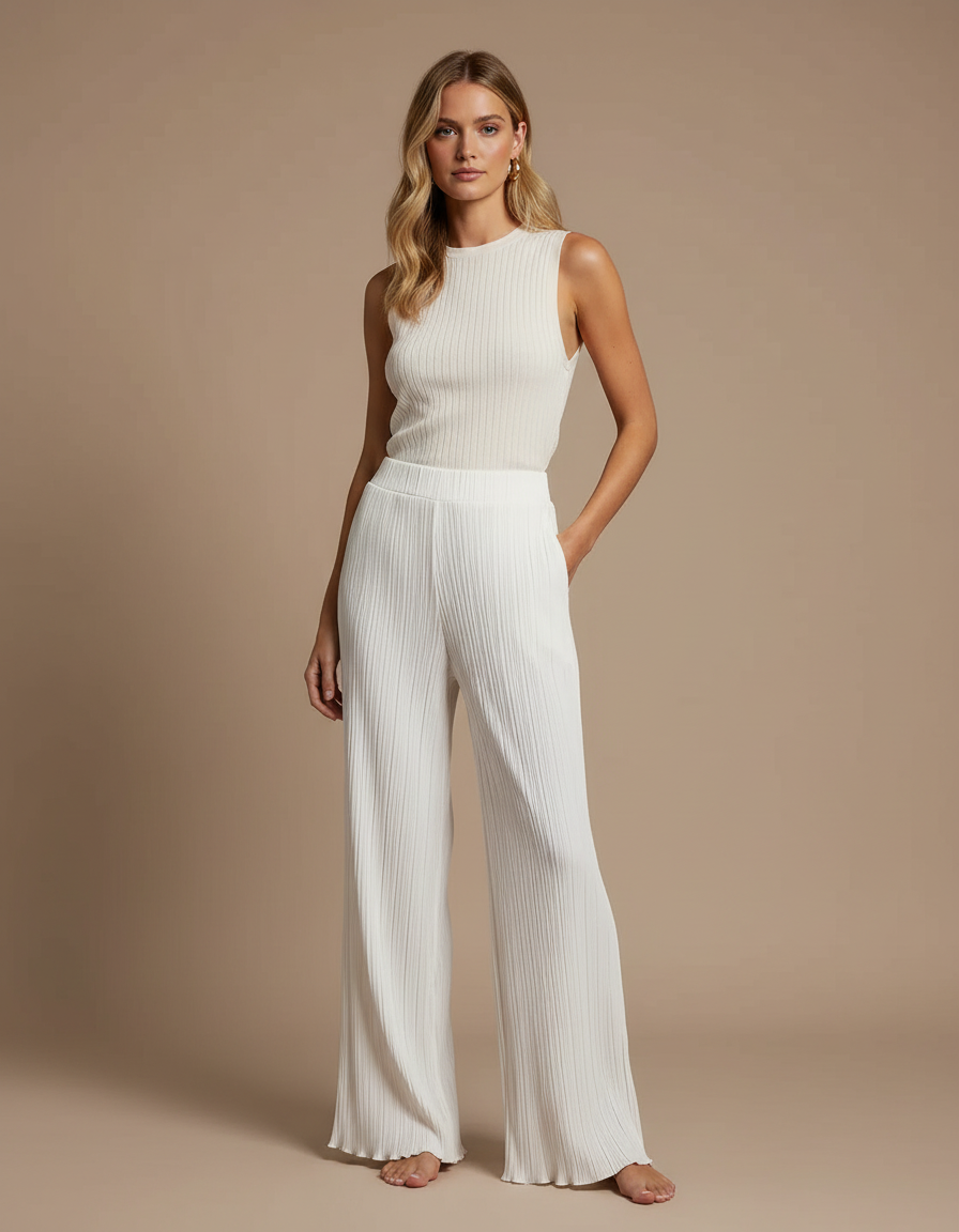 Pantalon Fluide Blanc Plissé Ample Décontracté Chic - Maille