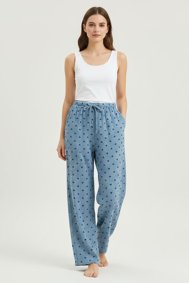 Pantalon Fluide Coton Cœurs Bleu Ample Confortable Femme