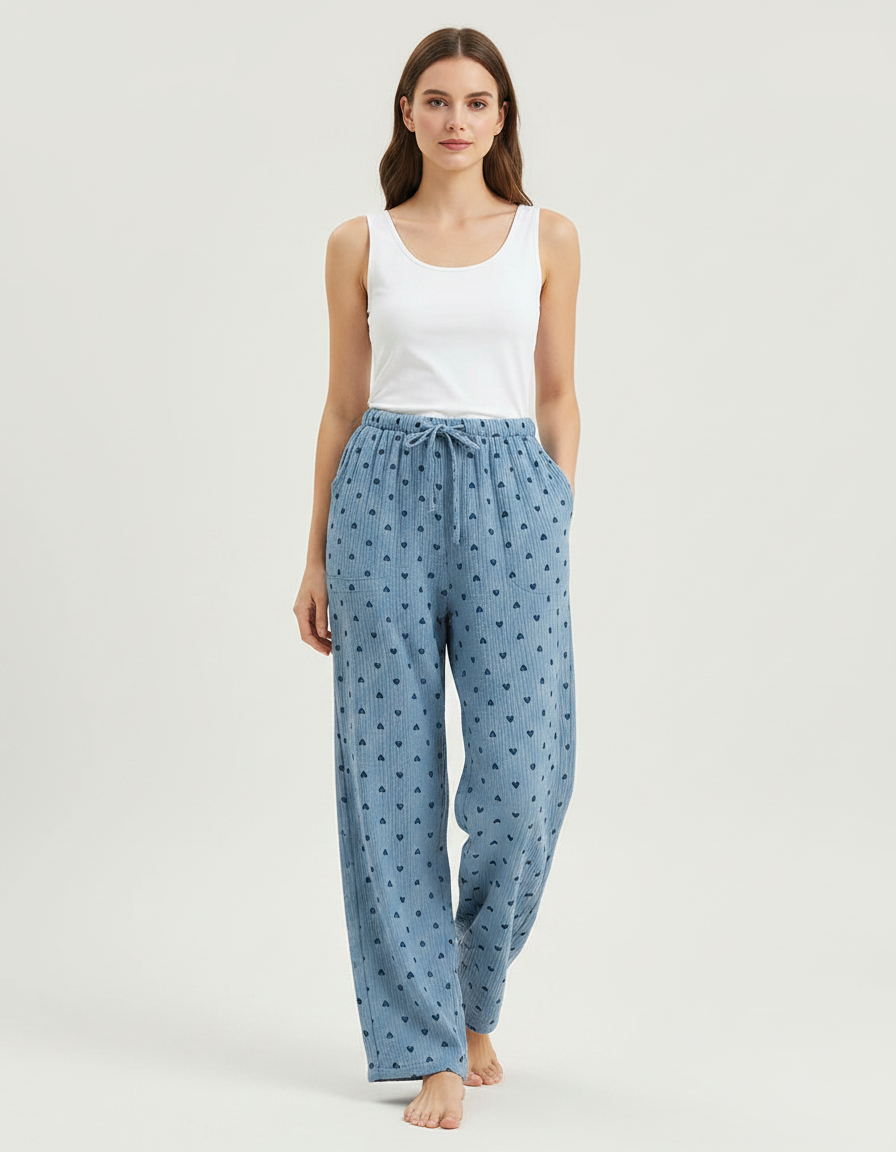 Pantalon Fluide Coton Cœurs Bleu Ample Confortable Femme