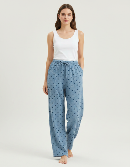 Pantalon Fluide Coton Cœurs Bleu Ample Confortable Femme