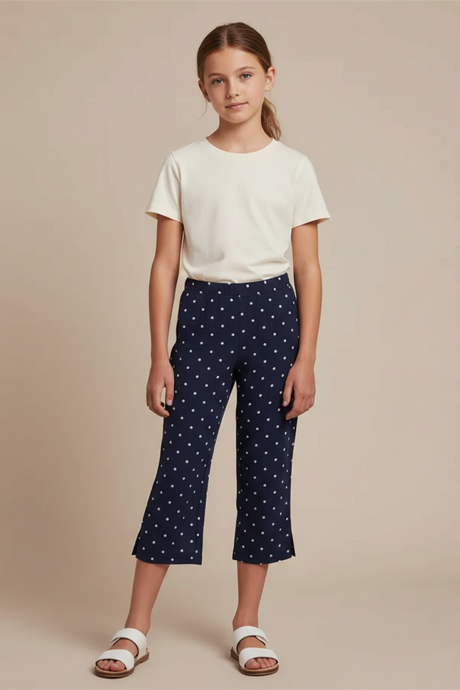 Pantalon Fluide Bleu Marine Pois Blancs Ample Fille - Viscose