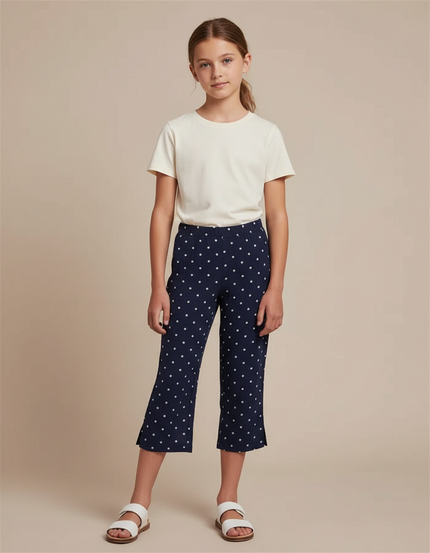 Pantalon Fluide Bleu Marine Pois Blancs Ample Fille - Viscose