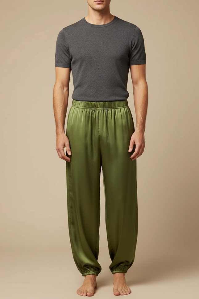 Pantalon Fluide Vert Ample Satiné Homme Élastique