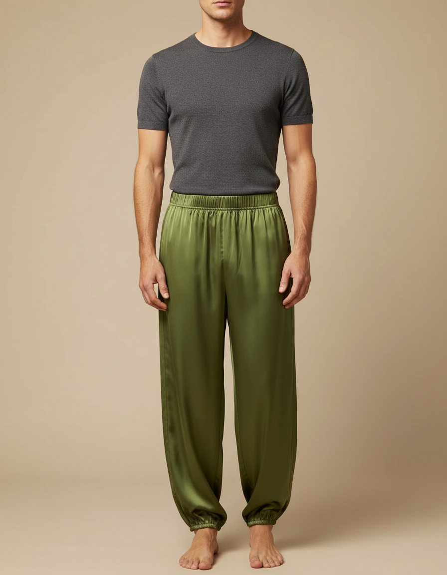 Pantalon Fluide Vert Ample Satiné Homme Élastique