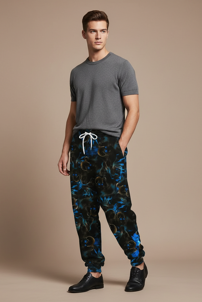 Pantalon Fluide Noir Ample Crânes Bleus Décontracté Homme - Multicolore Molleton