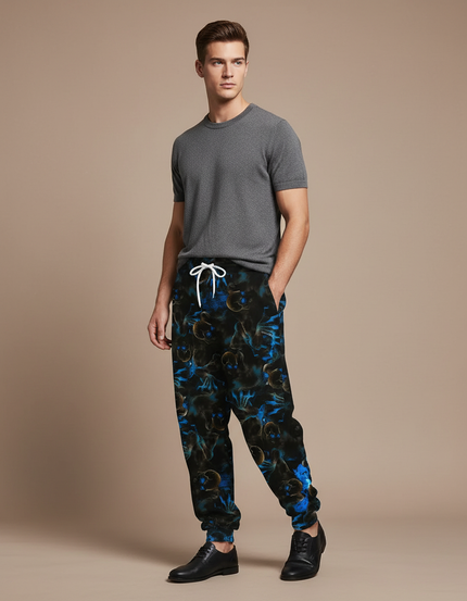 Pantalon Fluide Noir Ample Crânes Bleus Décontracté Homme - Multicolore Molleton