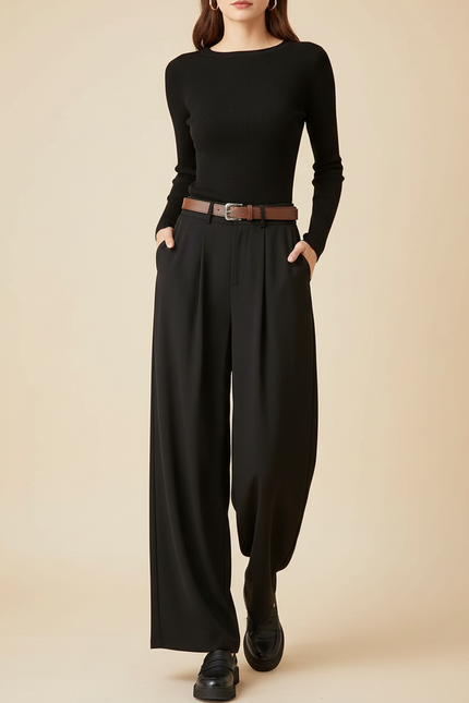 Pantalon Fluide Noir Ample Plissé Taille Haute Femme - Viscose