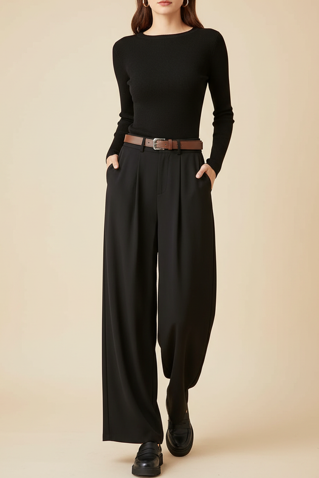Pantalon Fluide Noir Ample Plissé Taille Haute Femme - Viscose