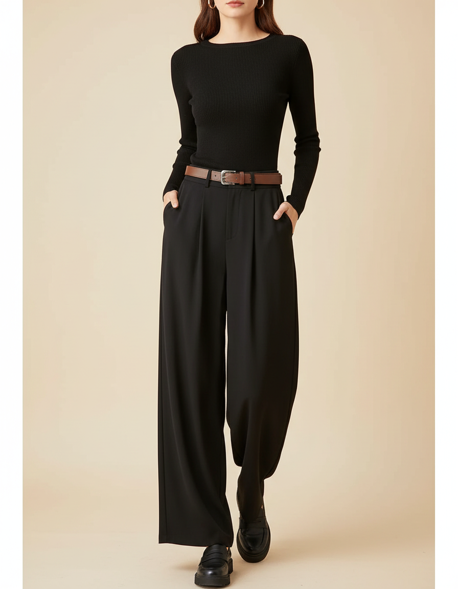Pantalon Fluide Noir Ample Plissé Taille Haute Femme - Viscose