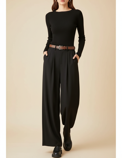 Pantalon Fluide Noir Ample Plissé Taille Haute Femme - Viscose