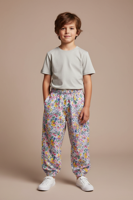 Pantalon Fluide Fleuri Ample Élastiqué Unisexe Été - Multicolore Viscose