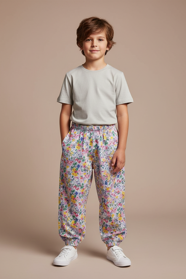 Pantalon Fluide Fleuri Ample Élastiqué Unisexe Été - Multicolore Viscose