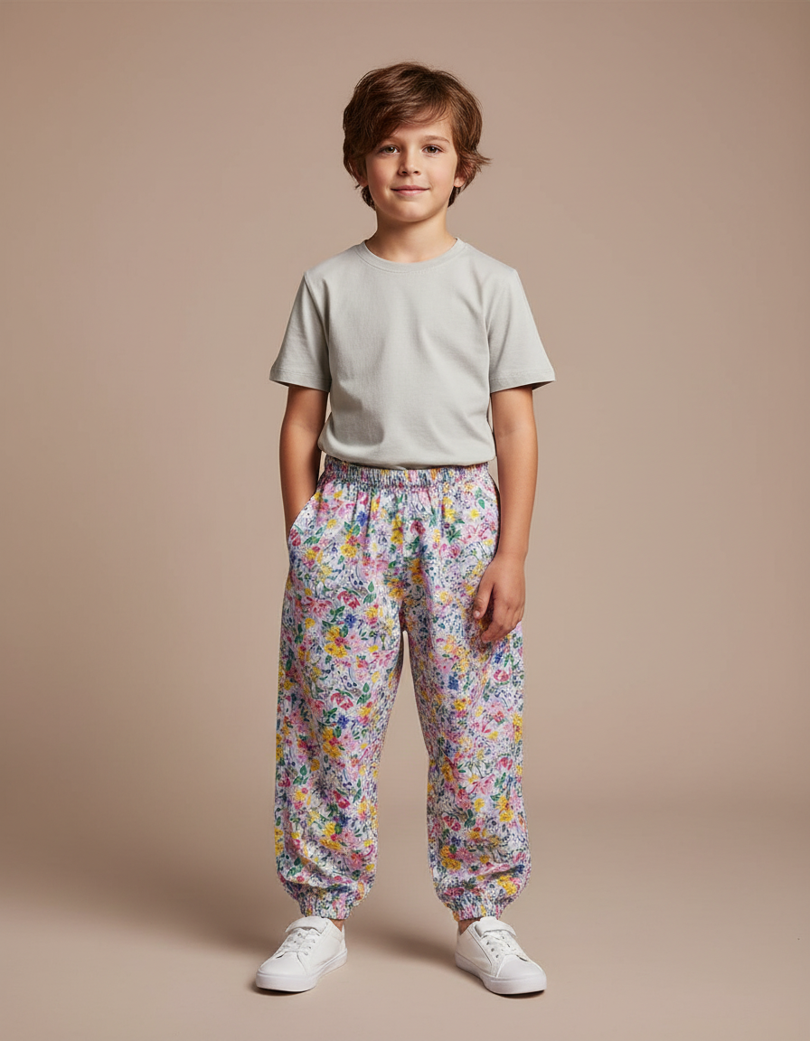 Pantalon Fluide Fleuri Ample Élastiqué Unisexe Été - Multicolore Viscose