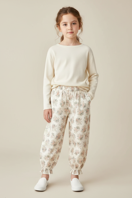 Pantalon Fluide Écru Imprimé Fleuri Ample Resserré - Beige Coton