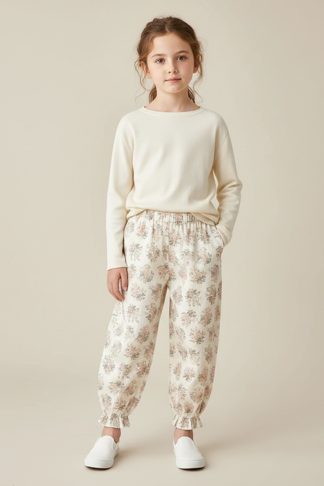 Pantalon Fluide Écru Imprimé Fleuri Ample Resserré - Beige Coton