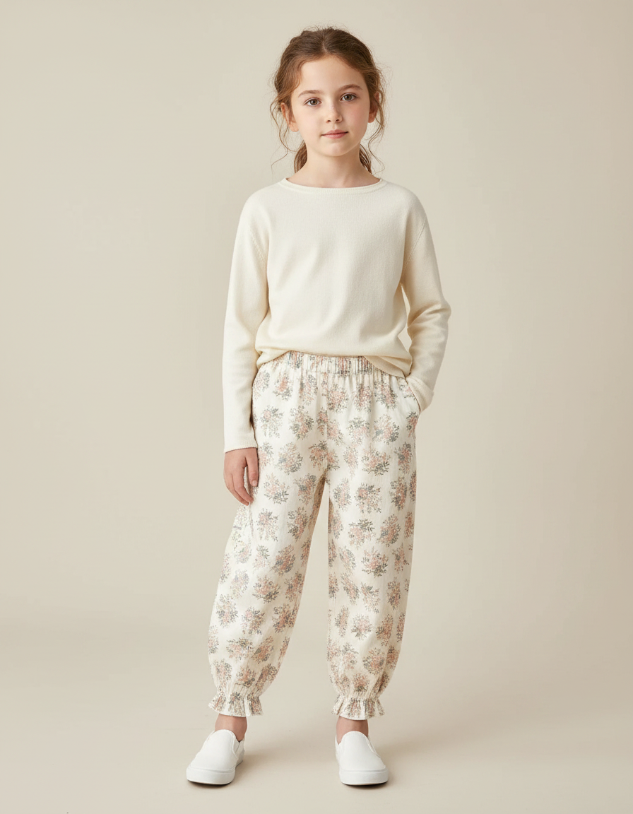 Pantalon Fluide Écru Imprimé Fleuri Ample Resserré - Beige Coton