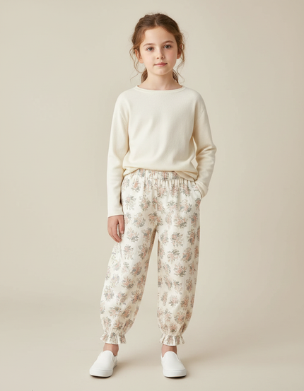 Pantalon Fluide Écru Imprimé Fleuri Ample Resserré - Beige Coton
