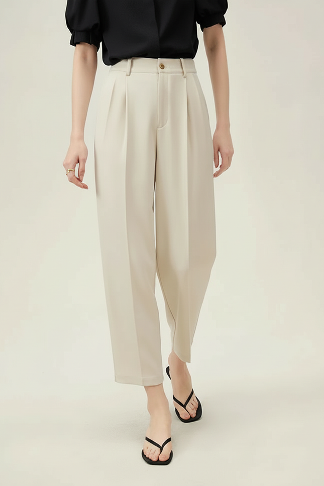 Pantalon Fluide Beige Plissé Ample Tapered Femme - Viscose