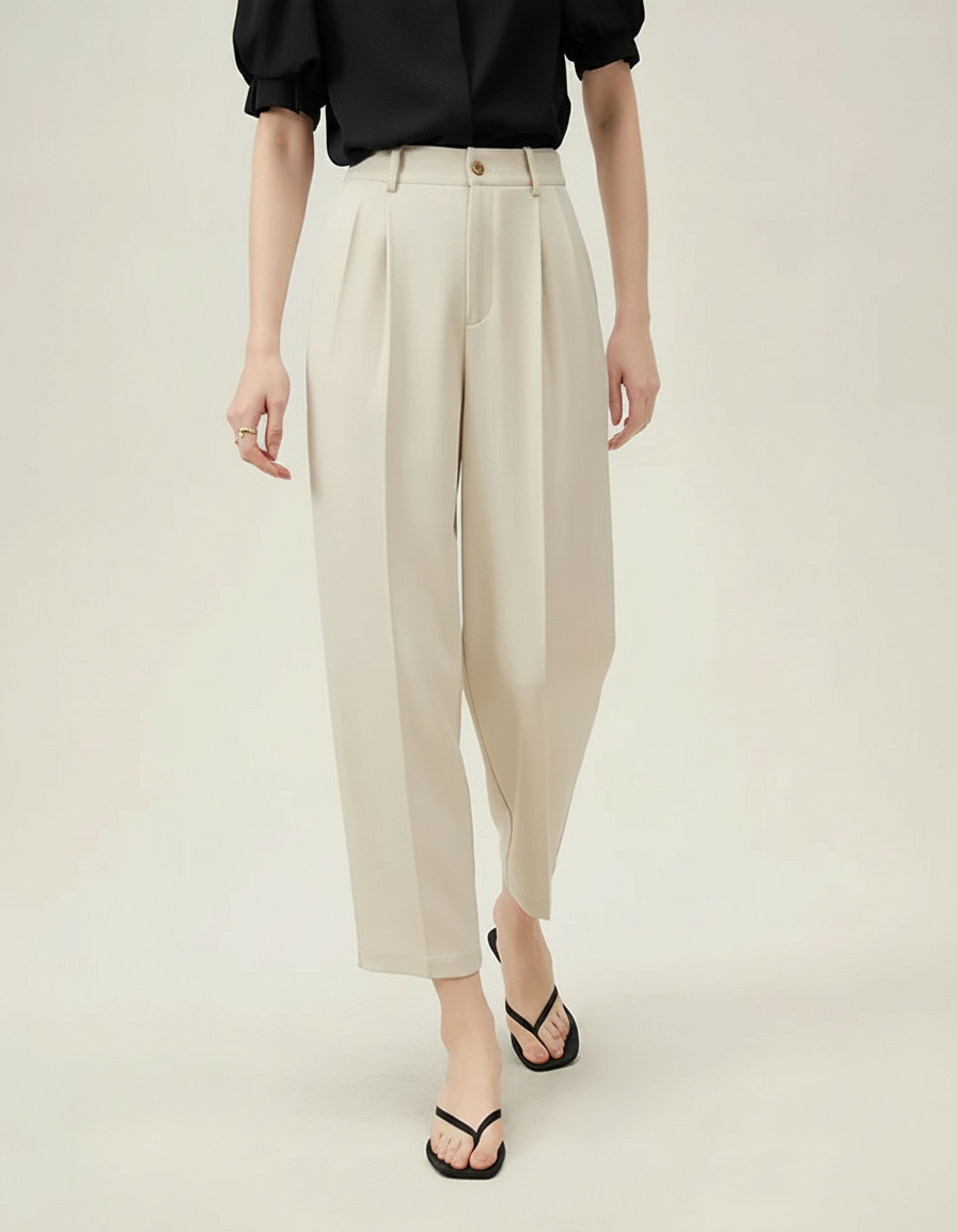 Pantalon Fluide Beige Plissé Ample Tapered Femme - Viscose