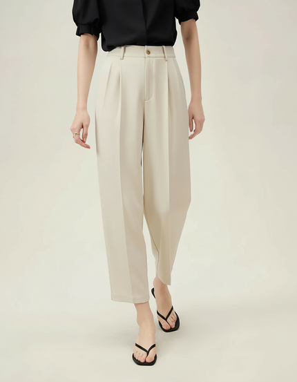 Pantalon Fluide Beige Plissé Ample Tapered Femme - Viscose