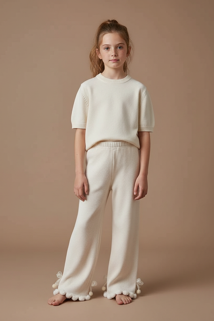 Pantalon Fluide Écru Ample Tricot Pompons Fille - Beige Maille