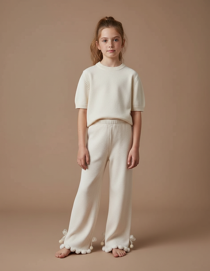 Pantalon Fluide Écru Ample Tricot Pompons Fille - Beige Maille