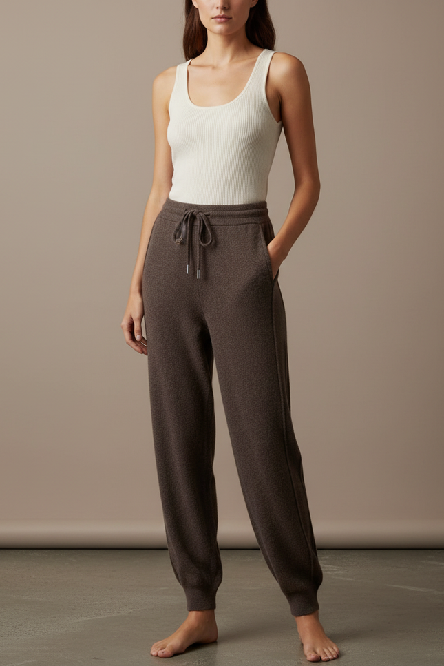 Pantalon Fluide Marron Chiné Ample Cordon Maille Femme