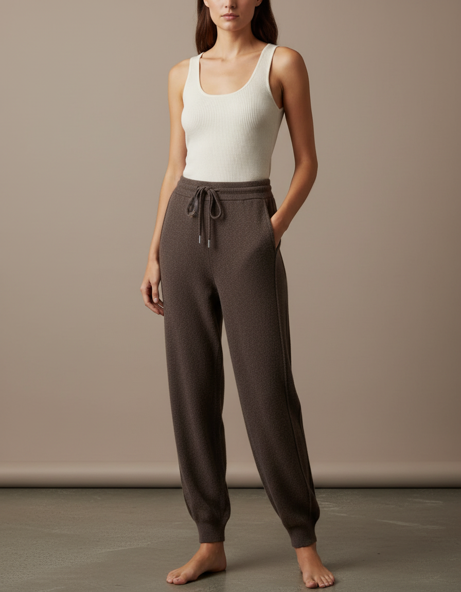 Pantalon Fluide Marron Chiné Ample Cordon Maille Femme