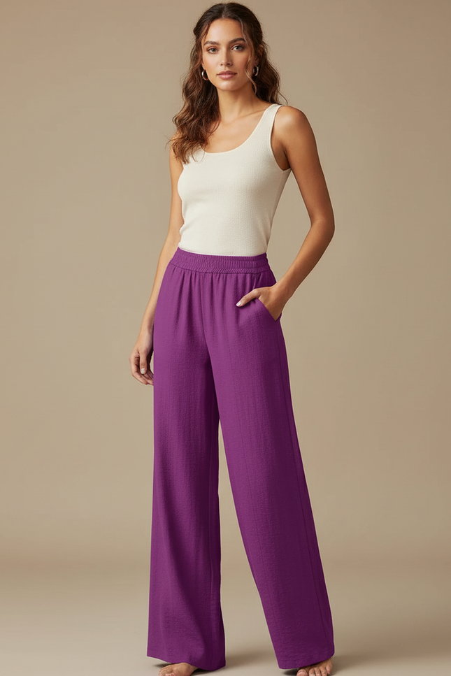 Pantalon Fluide Violet Taille Haute Ample Léger Femme - Lin