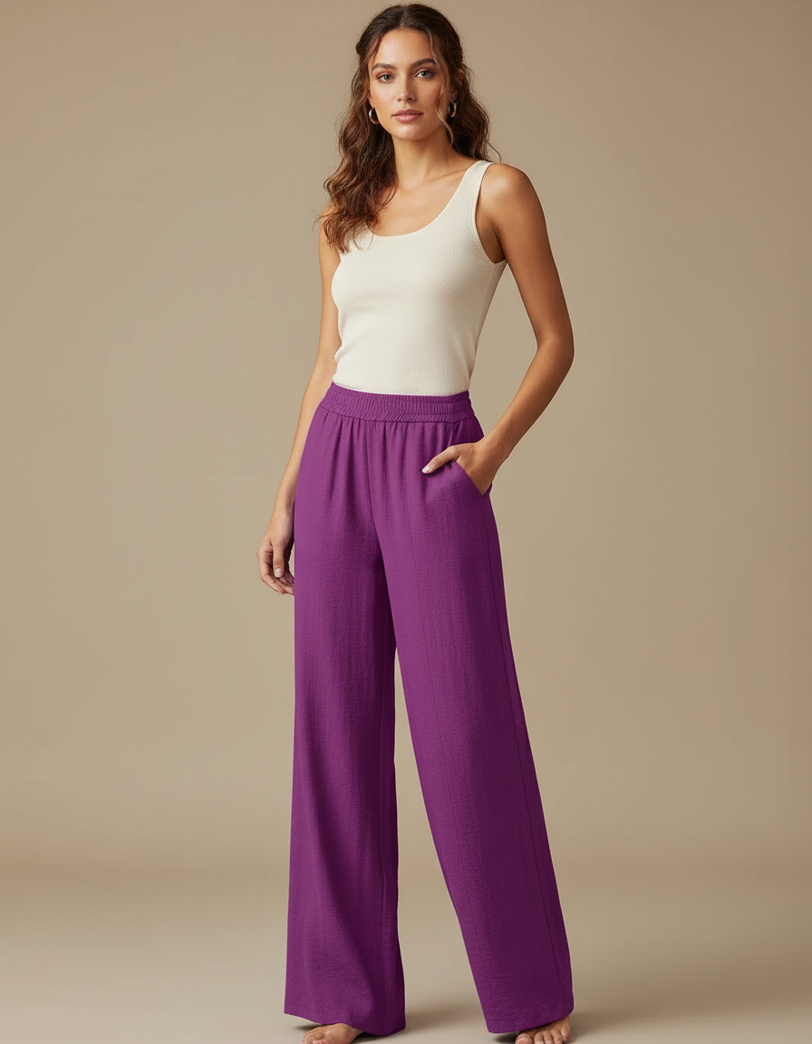 Pantalon Fluide Violet Taille Haute Ample Léger Femme - Lin
