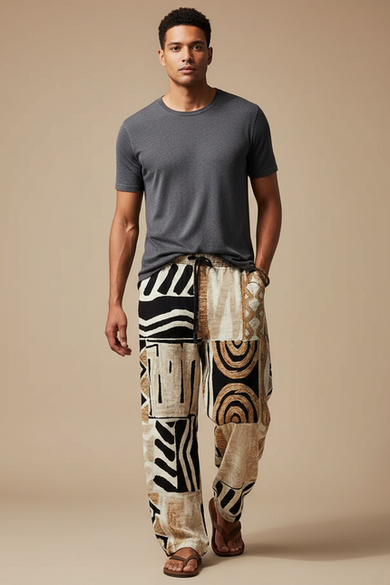 Pantalon Fluide Ethnique Patchwork Ample Décontracté Homme - Multicolore Lin