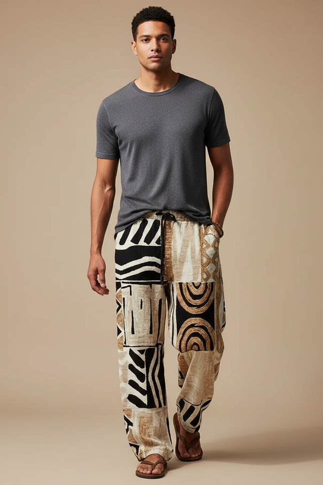 Pantalon Fluide Ethnique Patchwork Ample Décontracté Homme - Multicolore Lin