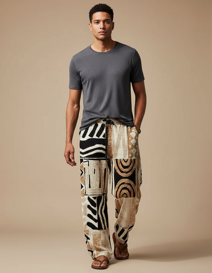 Pantalon Fluide Ethnique Patchwork Ample Décontracté Homme - Multicolore Lin