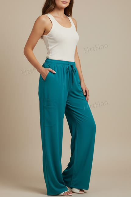 Pantalon Fluide Ample Vert Cordon Confortable Femme - Polyester