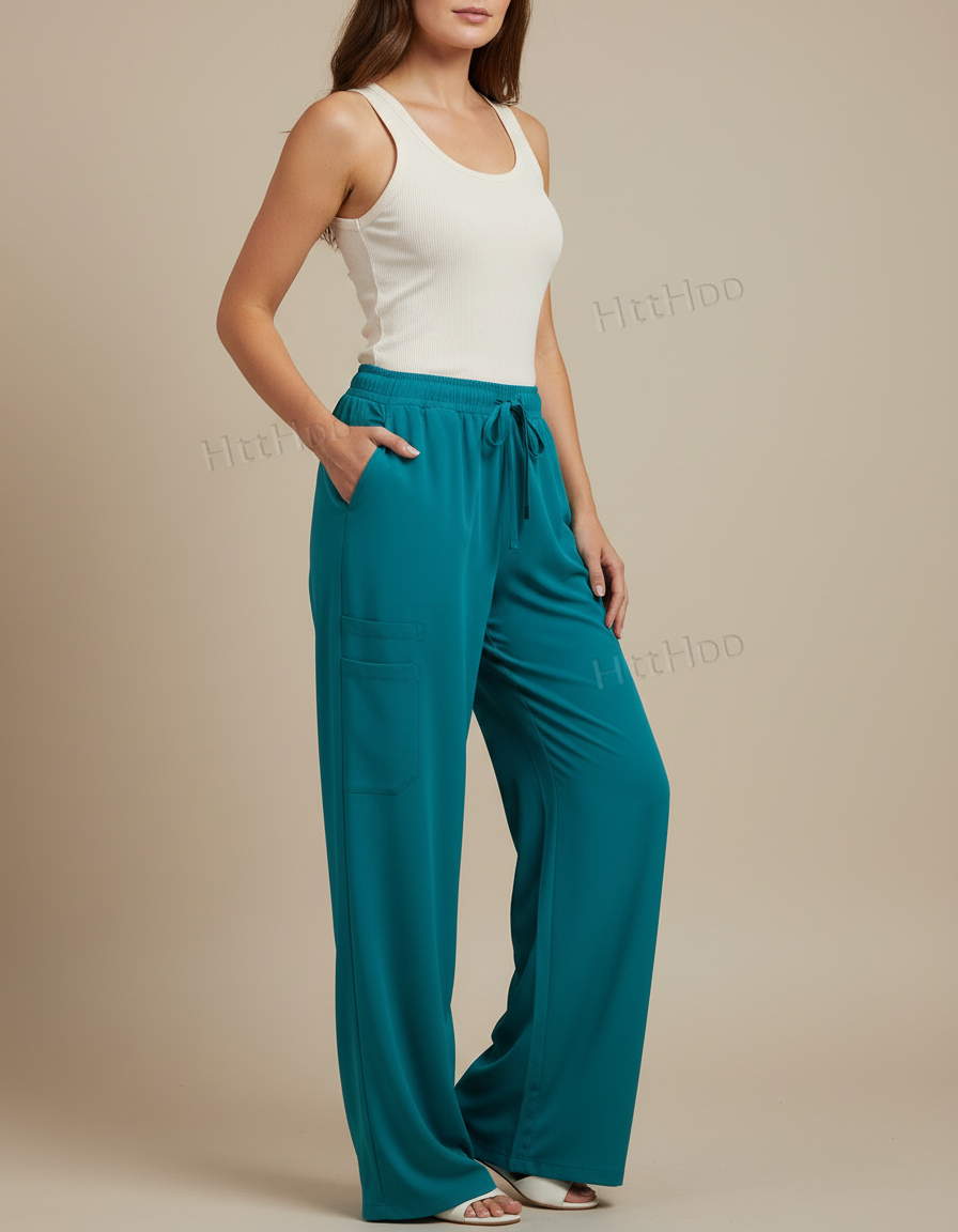Pantalon Fluide Ample Vert Cordon Confortable Femme - Polyester