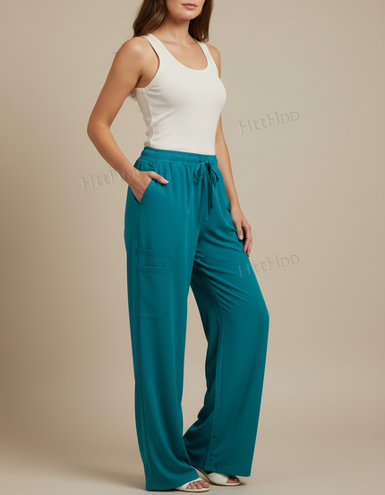Pantalon Fluide Ample Vert Cordon Confortable Femme - Polyester