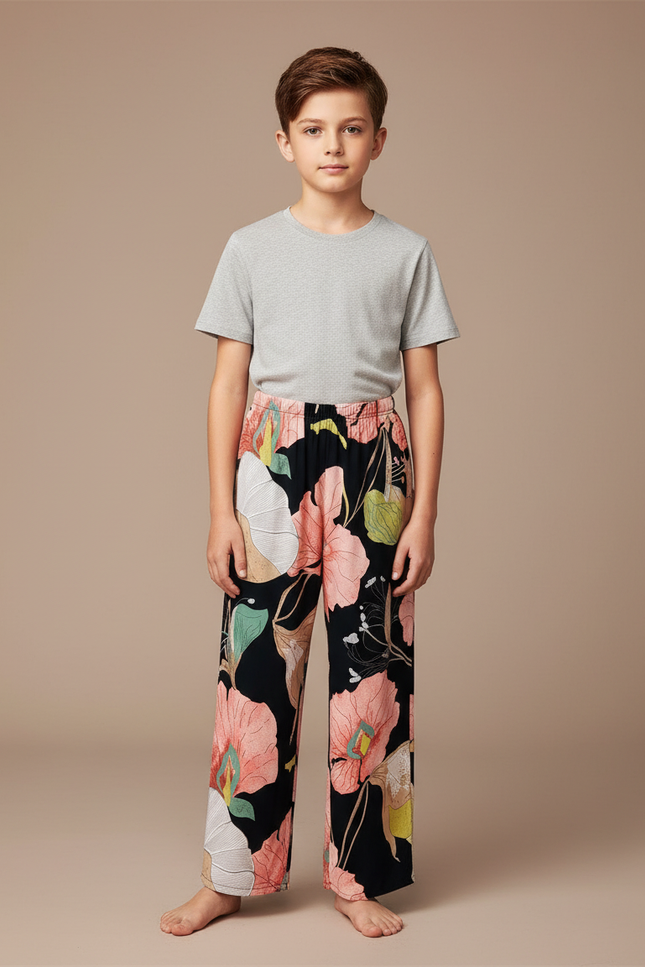 Pantalon Fluide Noir Floral Ample Viscose Enfant - Multicolore