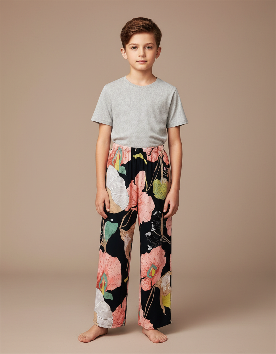 Pantalon Fluide Noir Floral Ample Viscose Enfant - Multicolore