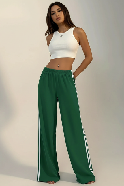 Pantalon Fluide Vert Ample Rayé Décontracté Femme - Polyester