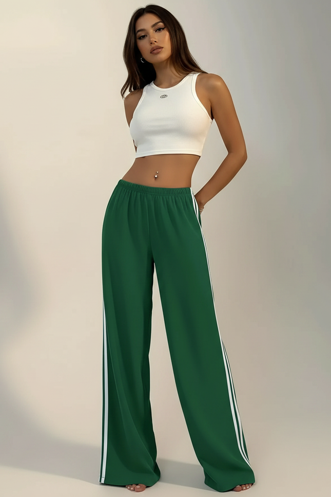 Pantalon Fluide Vert Ample Rayé Décontracté Femme - Polyester