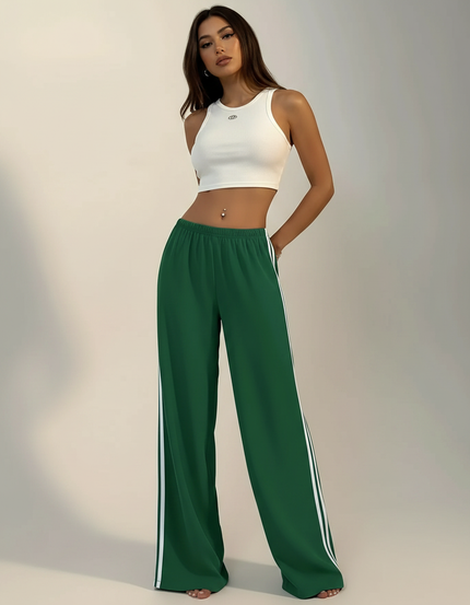 Pantalon Fluide Vert Ample Rayé Décontracté Femme - Polyester