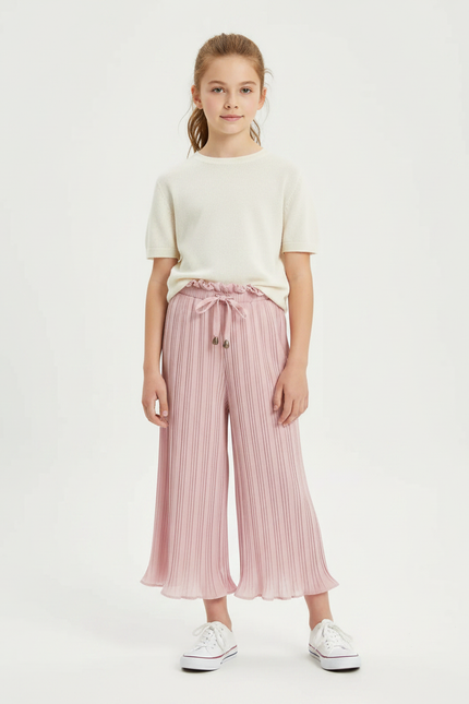 Pantalon Fluide Rose Plissé Fille Taille Élastique - Polyester