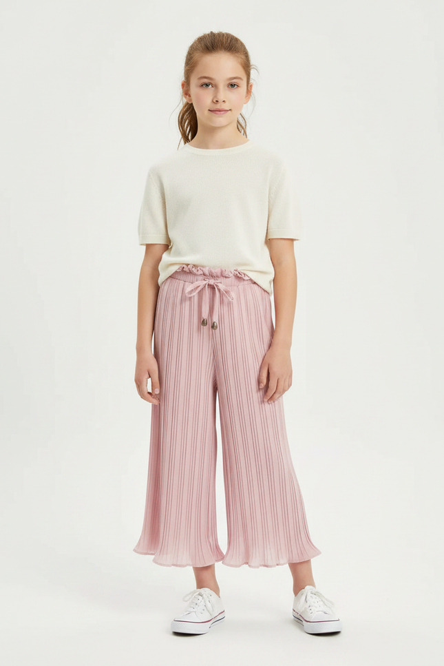 Pantalon Fluide Rose Plissé Fille Taille Élastique - Polyester