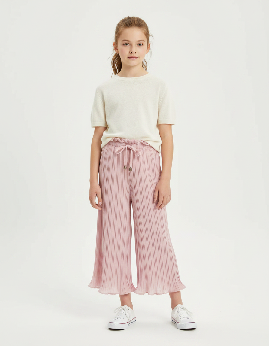 Pantalon Fluide Rose Plissé Fille Taille Élastique - Polyester