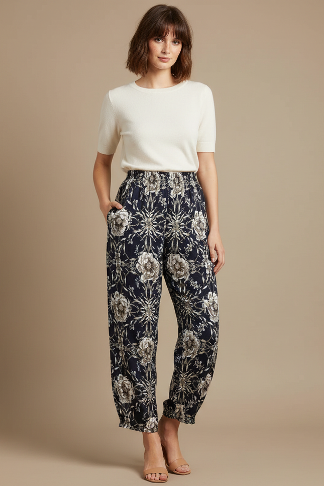 Pantalon Fluide Imprimé Floral Noir Ample Femme - Marine Viscose