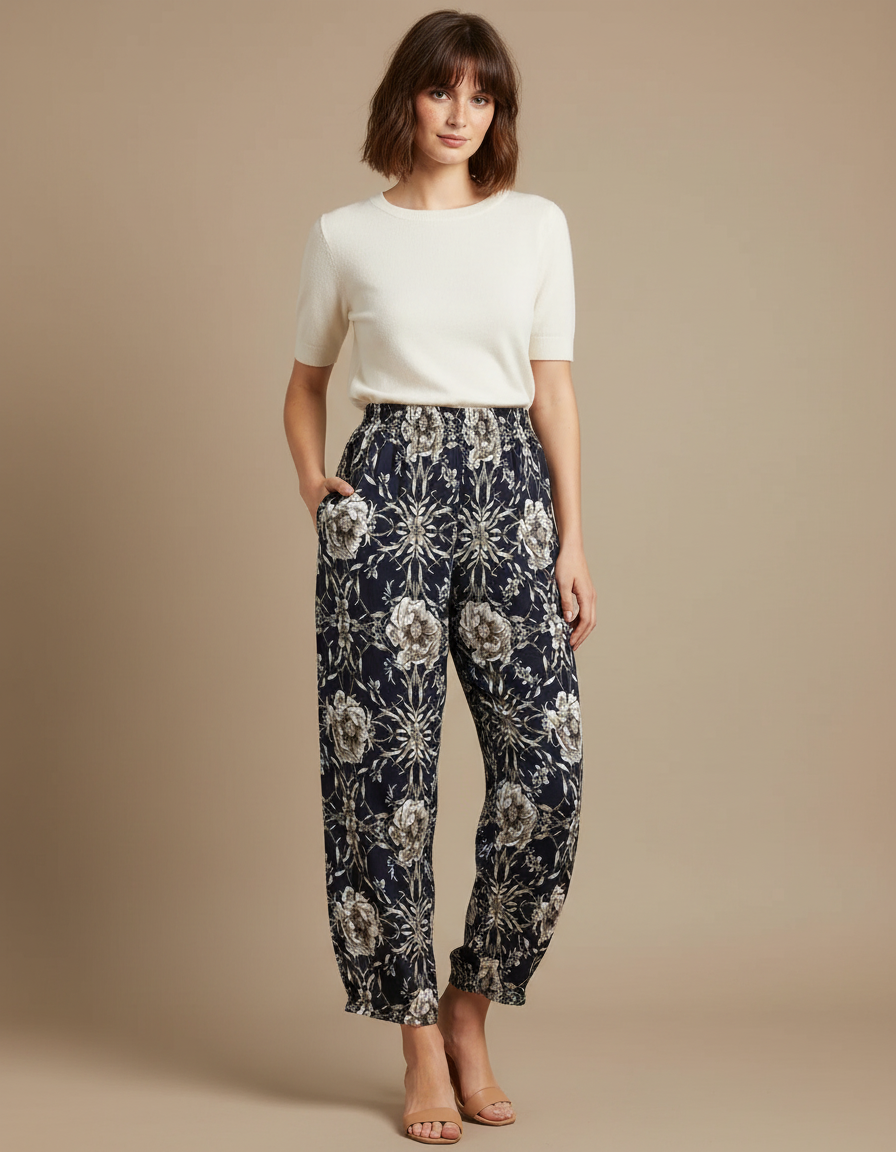 Pantalon Fluide Imprimé Floral Noir Ample Femme - Marine Viscose